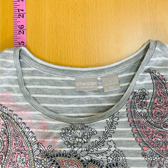 Zenergy By Chico's Top Women's 1 U.S. Medium 8 Gray Paisley Striped Long Sleeve - Picture 4 of 6